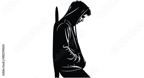 a stark depiction of a hooded figure holding a spear rendered in a striking black and white silhouette style conveying mystery and solitude