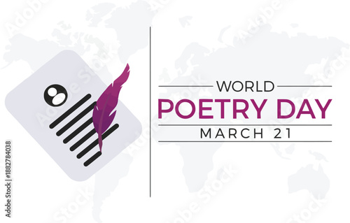 World Poetry Day March 21 Banner with Purple Quill and World Map Background