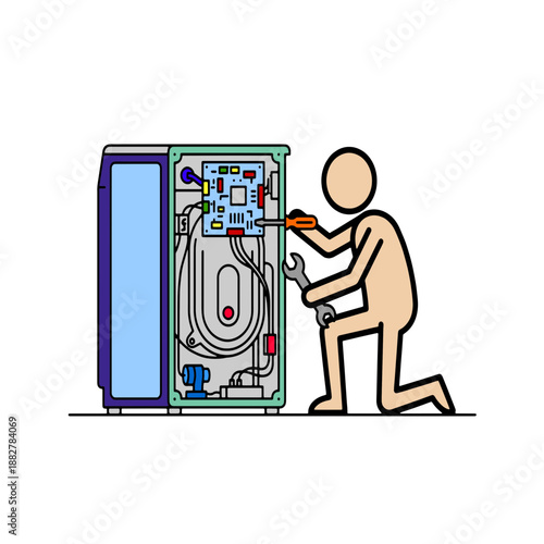 Professional performing maintenance on industrial machine, detailed internal components