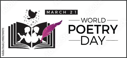 World Poetry Day Banner for March 21st with Silhouettes of Children Reading on an Open Book