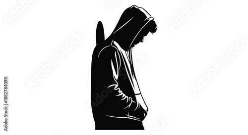 a striking black and white illustration depicts a hooded figure in profile conveying mystery and a sense of introspection silhouette