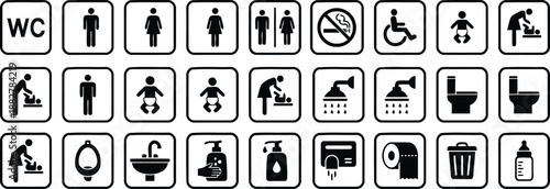 Signage Collection: A comprehensive set of universally recognized restroom and facility icons. Organized neatly, this collection offers a visual guide to essential amenities and services. 