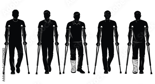 a row of five black silhouettes depicting men with crutches and leg casts representing disability and recovery a striking visual