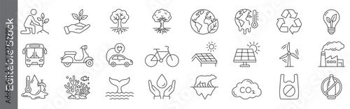 Eco friendly and climate change icon set – green energy, sustainable transport, tree, coral, fish, whale, polar, recycle, solar, wind, recycling and conservation