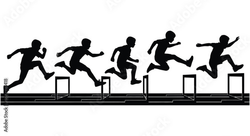 a dynamic illustration depicts several figures running over hurdles showcasing movement and athleticism a striking silhouette high quality professional detailed modern