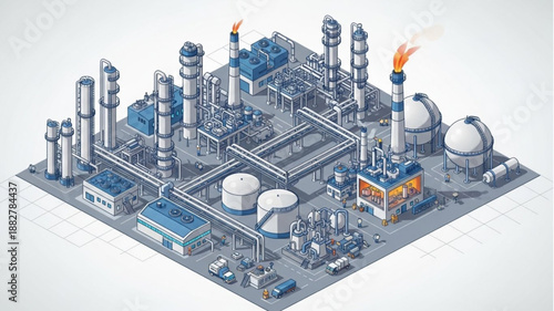 Industrial Oil Refinery Plant Complex With Towers and Pipelines.
