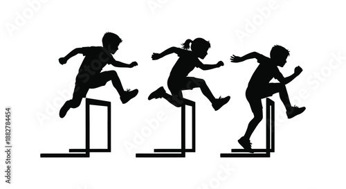 three children joyfully leaping over hurdles during an energetic race showcasing athleticism and playful movement silhouette high quality professional detailed modern