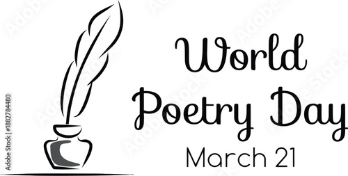 Minimalist Black and White World Poetry Day Illustration with Quill and Inkwell