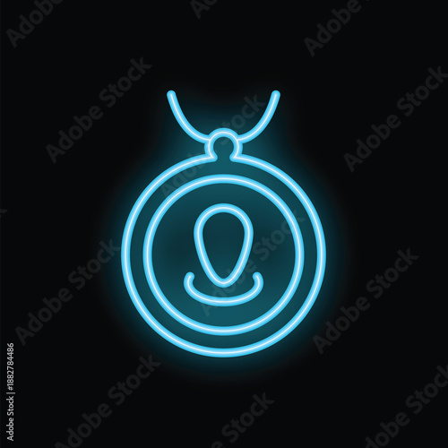 Neon blue icon of a medallion with a person inside glowing on black background