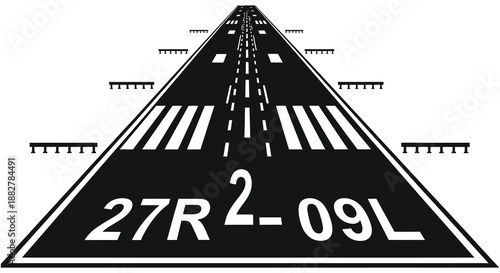 a striking black and white graphic depicts a runway leading toward a distant point marked with clear directional indicators silhouette