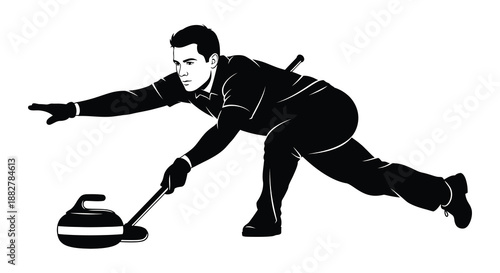 a dynamic illustration depicts a man playing curling showcasing a focused athlete in action rendered beautifully as a striking silhouette