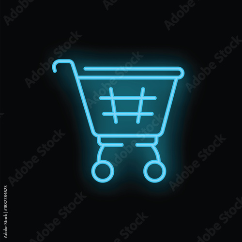 Blue neon shopping cart symbol is glowing on a black background