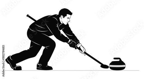 a man in action playing curling poised and focused pushing a stone with his broom depicted in a striking silhouette