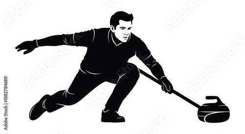a dynamic illustration depicts a man in motion playing curling with focused intensity showcasing athleticism and skill silhouette high quality professional