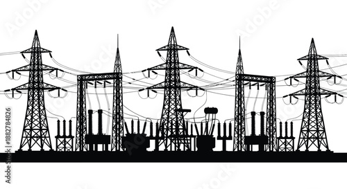 a stark depiction showcases multiple power lines and electrical transformers against a bright white background forming a striking silhouette high quality