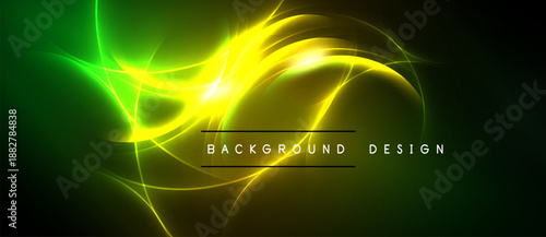 Bright abstract design features vibrant green, yellow light streaks. Dynamic energy radiates from central point, dark background enhances glow.