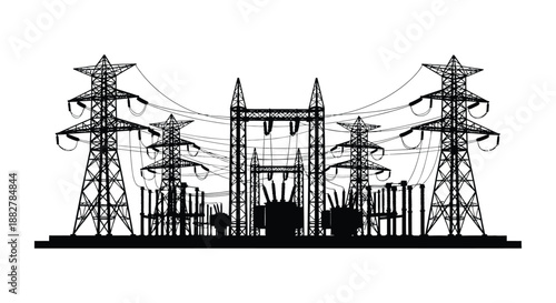 a striking black and white illustration depicting a complex electrical substation with tall towers and numerous power lines silhouette high quality