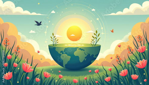 March Vernal Equinox Balance of Earth and Spring Vector Illustration