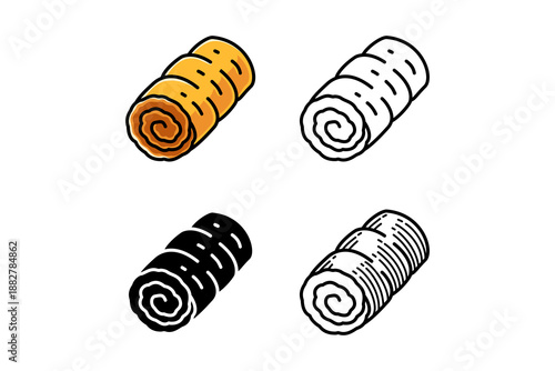 Swiss roll cakes icon design set with colorful, outline, solid and engraved style for bakery, dessert, pastry, food, culinary. Vector illustration