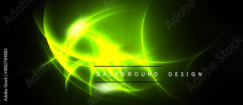 Bright green energy flows, curves create abstract design. Dark background emphasizes luminous lines, vibrant glow. Modern visual element.