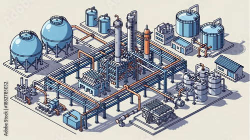 Industrial Chemical Plant Manufacturing Facility Isometric View.