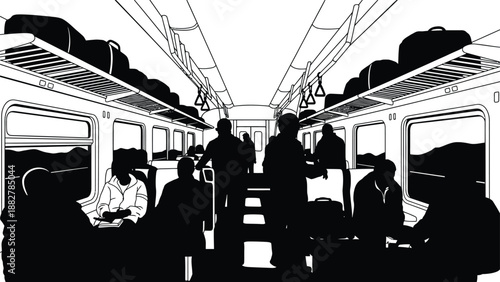 an interior view of a train carriage depicting passengers seated and standing rendered in a striking monochrome silhouette style high quality