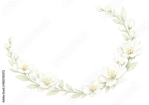 Watercolor white flower half floral wreath isolated on transparent background