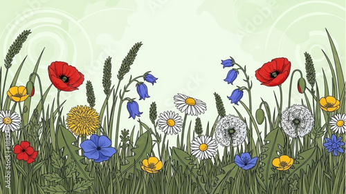 Vibrant Wildflower Meadow Border Illustration.