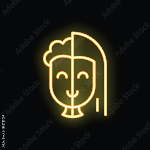 Neon icon of a smiling face is showing the two hemispheres of the brain, the right side symbolizing creativity and the left side logic