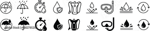 Water Icons Set: A collection of various water-related icons in a minimalist design, showcasing elements related to protection, measurement, and underwater activities.