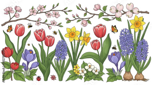 Spring Flowers Collection Botanical Illustration.