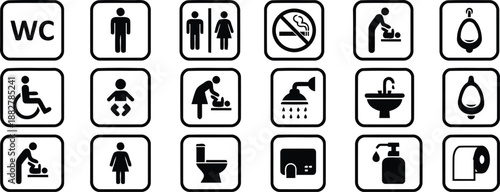 Variety of Restroom and Public Facility Signs: A collection of various informational and directional signs designed for public areas, providing clear guidance and assistance for all visitors. 