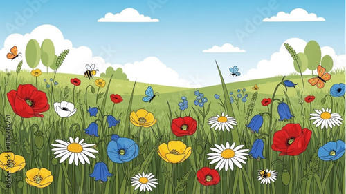 Vibrant Meadow Filled with Wildflowers and Butterflies.