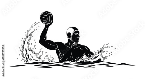 a dynamic illustration depicts a water polo player in action swimming and throwing a ball presented as a striking silhouette