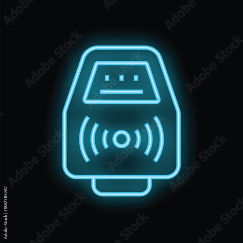 Glowing blue neon icon of a contactless payment terminal sending radio waves is isolated on black background