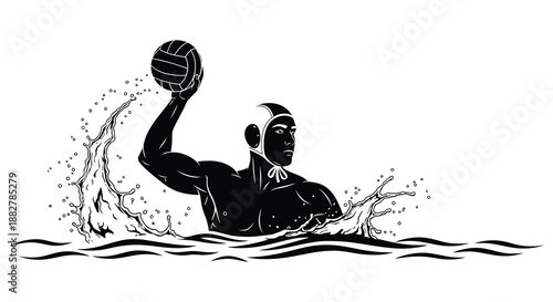a dynamic illustration depicts a water polo player in action holding a ball amidst splashing water presented as a striking silhouette