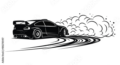 a striking graphic illustration depicts a black sports car performing a dramatic drift with smoke and tire marks silhouette high quality
