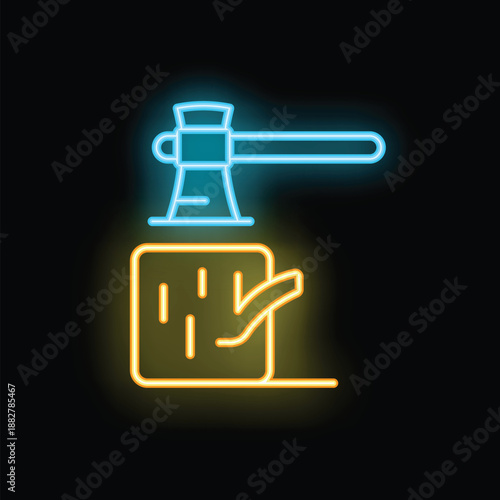 Glowing neon line icon of an ax stuck in a stump isolated on a black background, representing lumberjack work