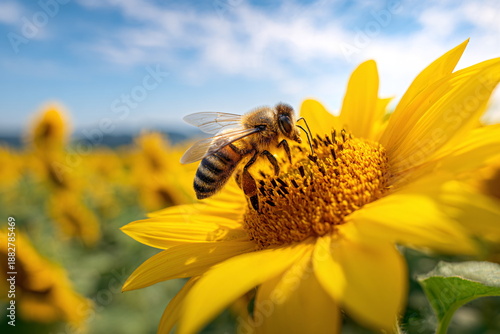 Bee Pollinating a Vibrant Sunflower in a Field on a Sunny Day