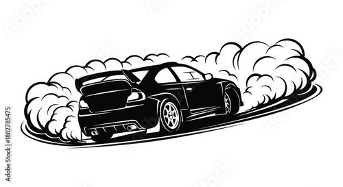 a dynamic illustration showcases a sporty car drifting with clouds of smoke rendered in a striking monochrome style silhouette high quality