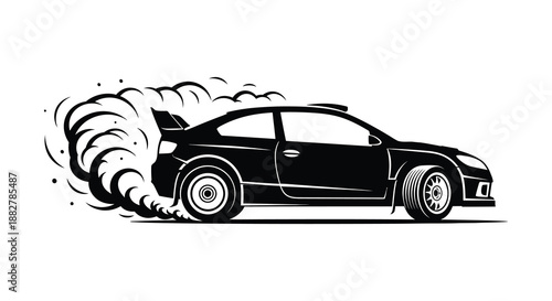a detailed black and white illustration depicts a speeding sports car drifting with smoke showcasing dynamic movement and design silhouette