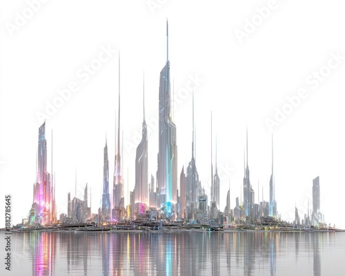 Futuristic City Skyline With Colorful Lights