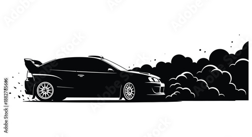a dynamic illustration depicts a sleek sports car performing a burnout with smoke trails presented in a striking silhouette design