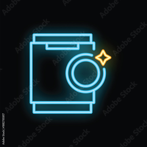 Bright blue and yellow neon sign of a dishwasher with shining clean dishes inside on a black background