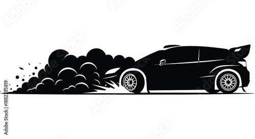 a dynamic illustration depicts a sleek racing car kicking up dust and debris showcasing speed and power presented as a striking silhouette