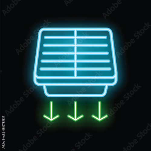 Blue neon icon of a ventilation grille diffusing air downwards on a dark background