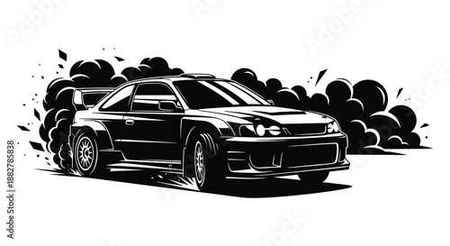 a dynamic black and white illustration showcasing a powerful car drifting with smoke capturing speed and automotive performance silhouette high quality