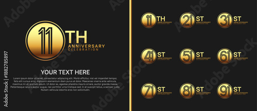 anniversary logo set with circle. gold color on black background for celebration moment