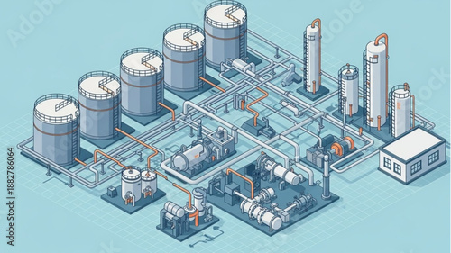 Industrial Oil Refinery Complex with Storage Tanks and Pipelines.