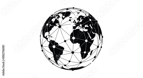 a striking black and white image depicting a globe connected by a network of lines and dots representing global communication silhouette